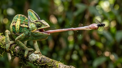 Fototapeta premium Beautiful Reptile Using Sticky Tongue To Catch Fly