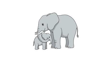 Fototapeta premium Cute mother elephant showing affection to her small baby elephant using their trunks, cartoon vector illustration.