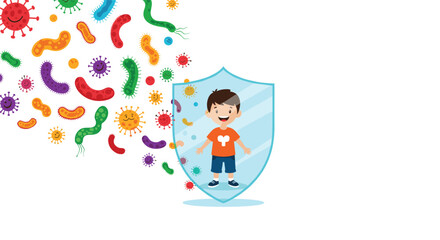 Fototapeta premium Little boy standing behind a glowing protective shield deflecting attacking colorful germs and viruses, vector.