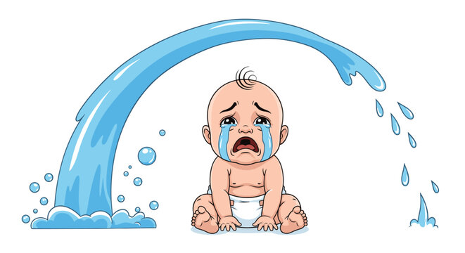 Crying baby wearing a diaper with a huge stream of tears spraying like a fountain, cartoon illustration design.
