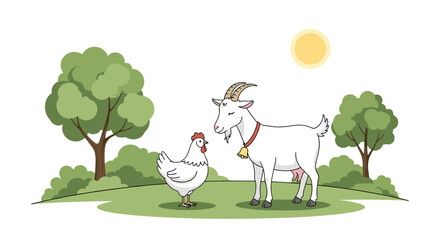 Fototapeta premium White goat wearing a bell and a small white chicken standing together on a grassy hill, flat vector illustration.