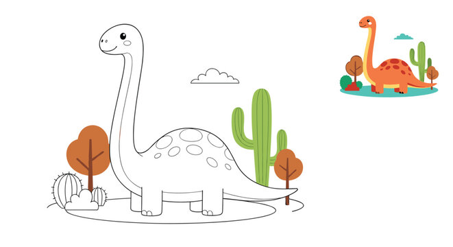 Brachiosaurus dinosaur coloring page for kids with a small colored preview of the prehistoric scene, outline.