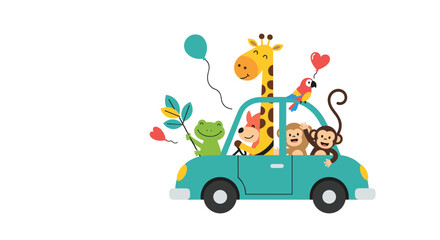 Fototapeta premium Cute cartoon animals including a giraffe, monkey, frog, fox, and parrot riding in a blue car on a white background.