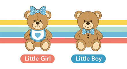 Naklejka premium Two cute cartoon teddy bears decorated as a little girl and a little boy sitting next to each other on a striped background.