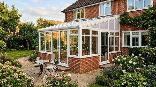 Modern white conservatory extension on a red brick house | Beautiful English garden landscape with blooming roses and lush lawn | Sunroom for outdoor indoor living | Residential property design