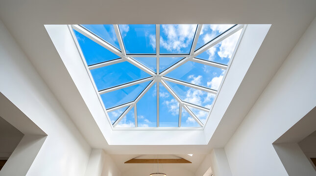 Modern Roof Lantern for Natural Light | Contemporary Skylight Design in White Minimalist Home Interior | High Quality Glass Roof Window with Blue Sky View | Architectural Glazing for Extensions