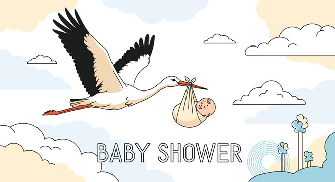 Classic white stork flying through the clouds while carrying a sweet newborn baby for a baby shower greeting.