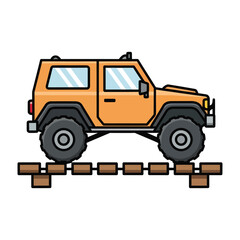 Naklejka premium Orange four wheel drive car crossing a wooden bridge