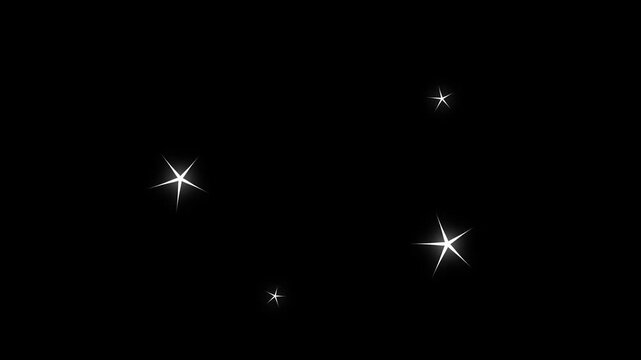 White cartoon star twinkle animation, glowing fairy light trail, flat vector doodle illustration, blinking festive stars, chroma key black screen background, seamless motion graphics 4K
