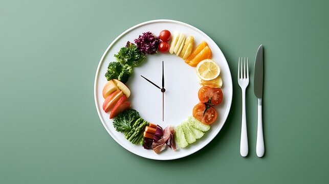 Awesome photo of healthy food clock on plate with various vegetables and fruits for intermittent fasting concept.