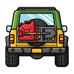 Rear view of green off-road vehicle with expedition gear © Dawnside Graphic