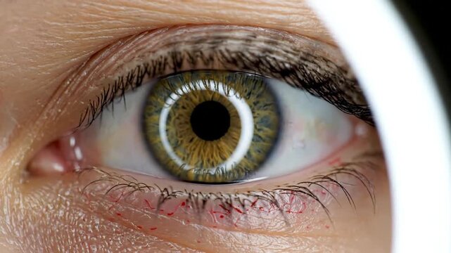 Close-up of a human eye with a magnifying glass in three sequential frames