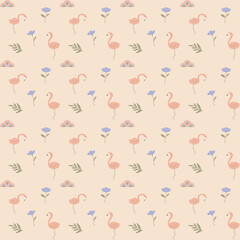 Seamless flamingo summer tropical pattern with warm cream tone floral botanical design © Flyndscapes