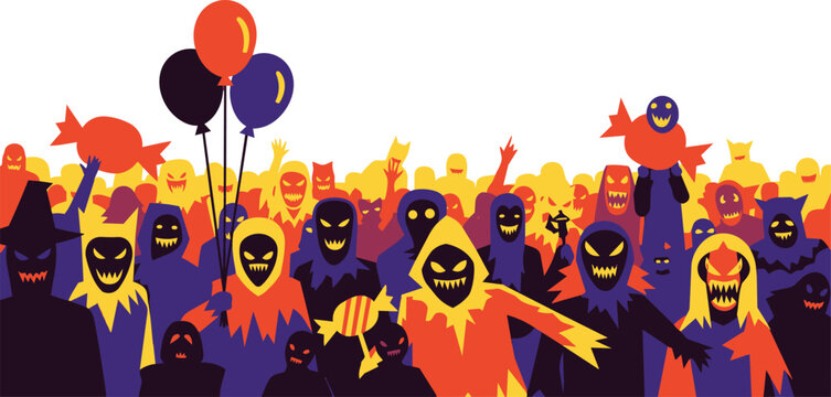Halloween monster crowd vector illustration, spooky silhouettes of creatures with balloons and candy, creepy carnival party background
