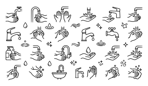 Handwashing icons set with various faucet and hand hygiene illustrations