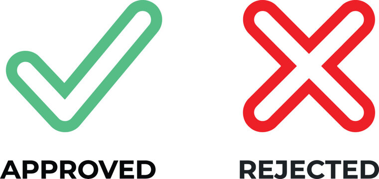 Green approved check mark and red rejected cross sign icons for business and choice evaluation