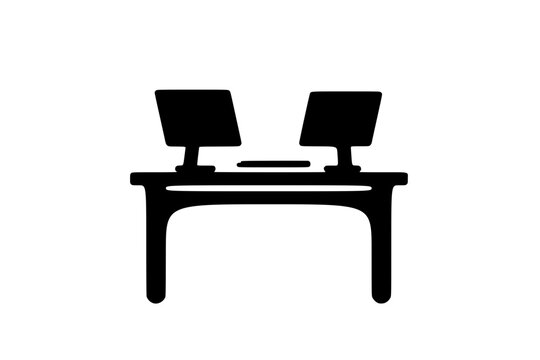 a black silhouette of a computer on a table ,black, computer, desk, icon, silhouette, table 