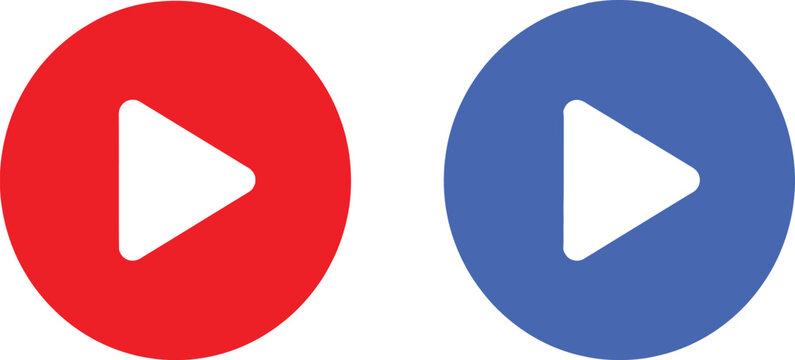 Red and blue circular media play buttons with white triangle icons for digital video interface