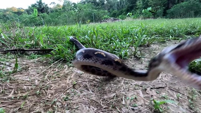 Large Boa Snake on Grass Near Tropical Forest Edge in Ecuador, Reptile Wildlife, Natural Camouflage, Rural Habitat and Amazon Biodiversity Scene, Stock Nature and Travel Background
