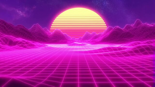 Tracking shot of neon wireframe landscape advancing toward grid horizon with retro synth sun over virtual digital mountains