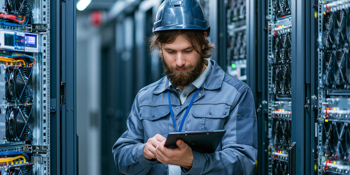 Data centre operator conducting routine equipment inspection, Checking rack temperatures, Industrial monitoring tools, Preventive maintenance concept