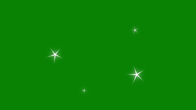 White cartoon star twinkle animation, glowing fairy light trail, flat vector doodle illustration, blinking festive stars, chroma key green screen background, seamless motion graphics 4K