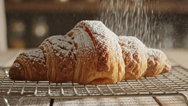 Croissants Being Dusted with Powdered Sugar in a Baking Process