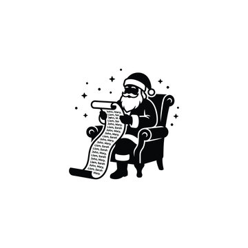 Santa Claus sitting in armchair reading Christmas wish list scroll silhouette vector