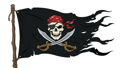 Fototapeta premium Menacing pirate flag with a skull and crossbones design featuring a red bandana and flowing black banner