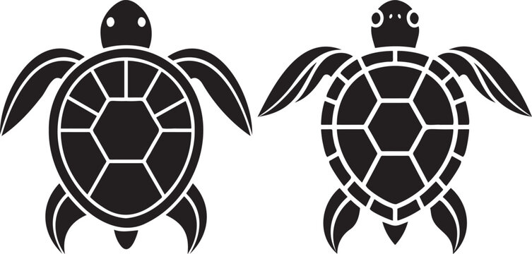 Turtle icons, sea creatures, geometric shell design.