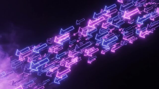 Swarm of blue and purple neon arrows flying.