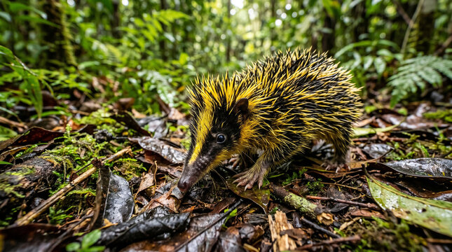 Rare lowland streaked tenrec moving across the rainforest floor surrounded by wet leaves and tropical vegetation in Madagascar.