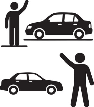 Person waving car icon silhouette isolated on white background.