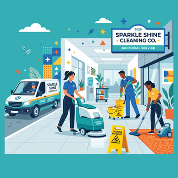 Sparkle Shine Cleaning Co. Janitorial Service Illustration. Modern Vector Scene with Cleaning Team Van and Professional Staff.