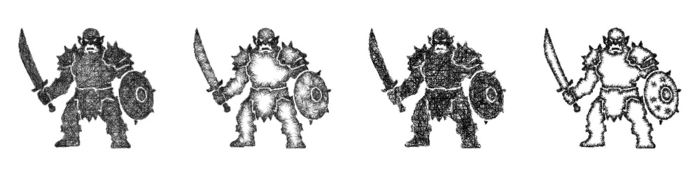 Sketch black and white orc warrior icon design set
