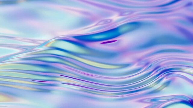 Slow motion close up of iridescent liquid surface rippling and flowing on studio tabletop with pastel glossy waves and subtle tracking glide