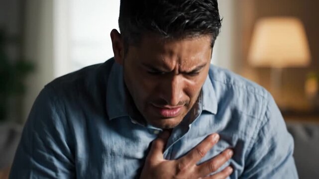 A man experiences sudden chest pain while sitting at home