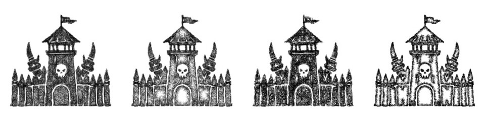 Naklejka premium Monochrome sketch orc fortress icon design set