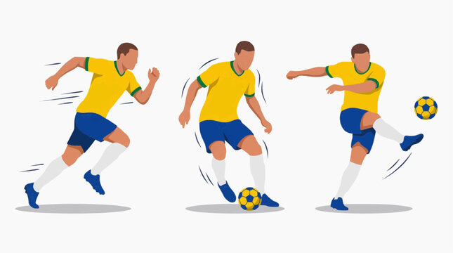 Brazilian soccer player in action sequence running dribbling and kicking the ball wearing yellow jersey and blue shorts Silhouette