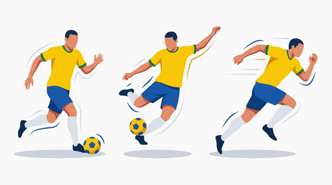 Soccer player in yellow and blue uniform dribbling kicking and running in sequence showing action and movement