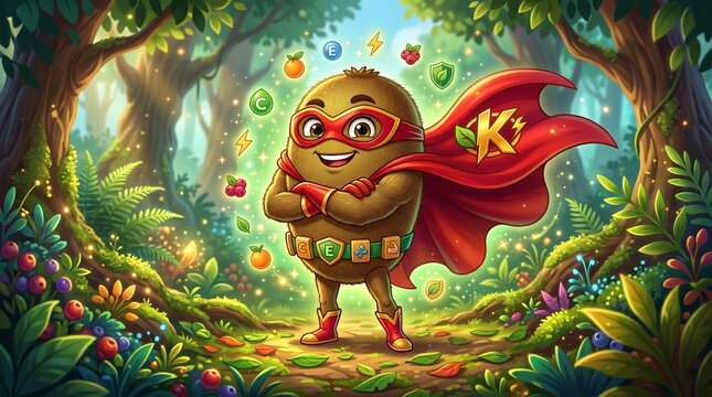 Cartoon superhero potato character standing proudly in a vibrant forest  