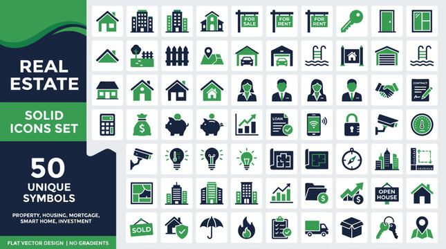 Green and Navy Real Estate Solid Icons Set &ndash; Modern Flat Property, Housing and Construction Vector Collection