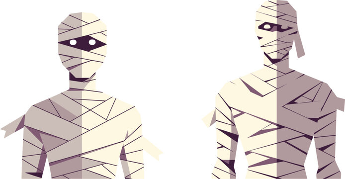 Egyptian mummy characters in flat geometric style, ancient undead monsters wrapped in bandages, spooky Halloween creature vector set