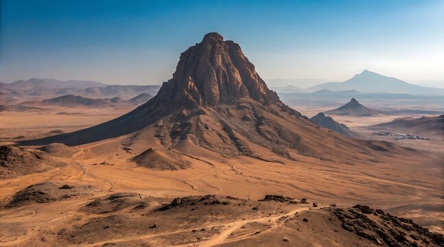 Dramatic desert landscape featuring a towering rock formation in chad