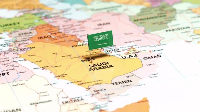 Saudi Arabia Country Map with National Flag Pin Drop Animation