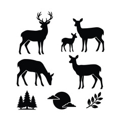 Obraz premium Collection of deer silhouettes with fir trees moon and forest nature components