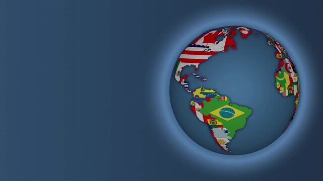 Rotating 3D Globe with World Flags Map on Blue Background