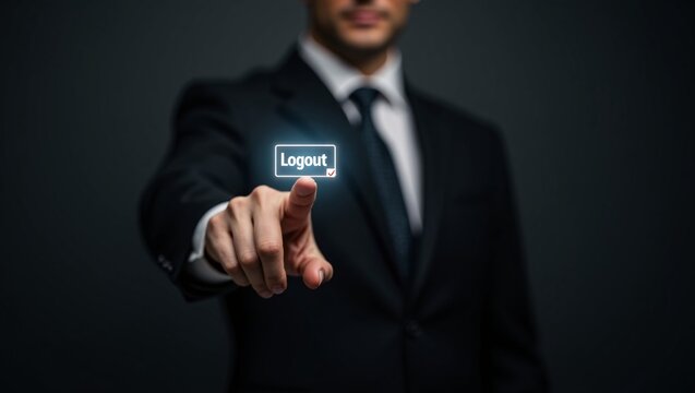 Businessman pressing a glowing virtual Logout button against a dark background.
