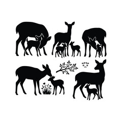 Fototapeta premium Family of deer silhouettes mother and fawn black and white vector art