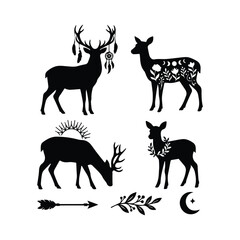 Fototapeta premium Set of black deer silhouettes with floral patterns feathers and mystical symbols